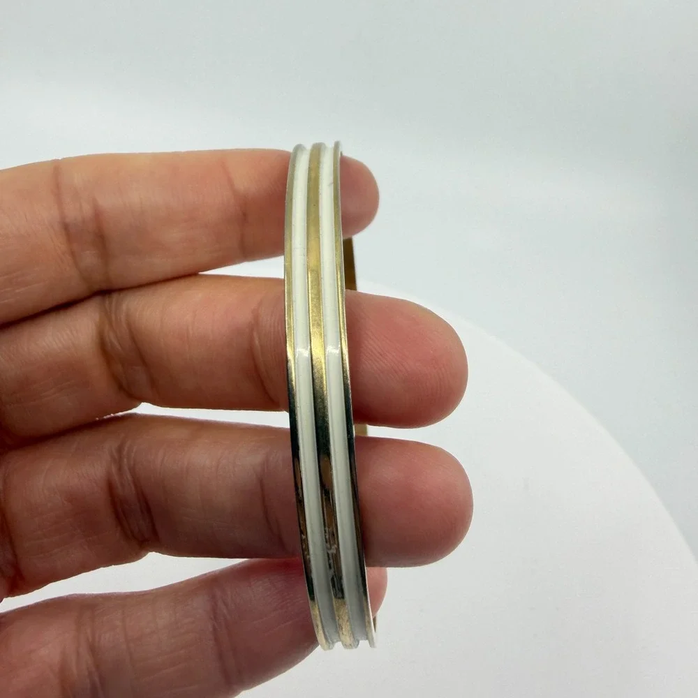 Gold Tone & White Enamel Stackable Bangle Bracelet Minimalist Chic Accessory Y2K